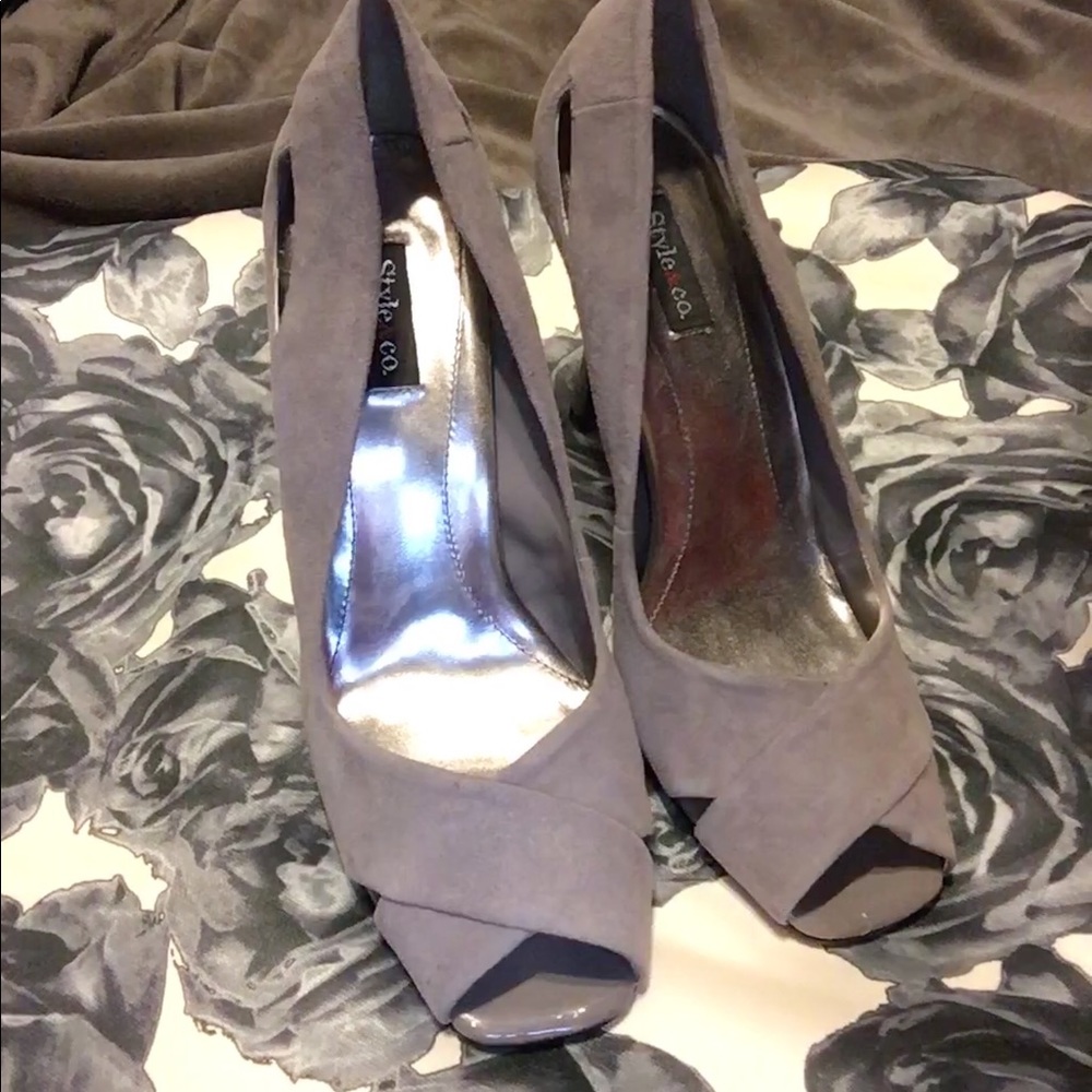 Style & Co open toe heels grey suede